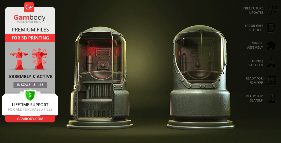 A detailed 3D model of a Fallout Protectron robot, ready for 3D printing, displayed with assembly features.