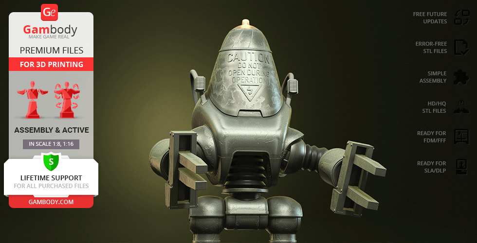 Retro-style robot with claw hands and dome head, labeled for 3D printing.