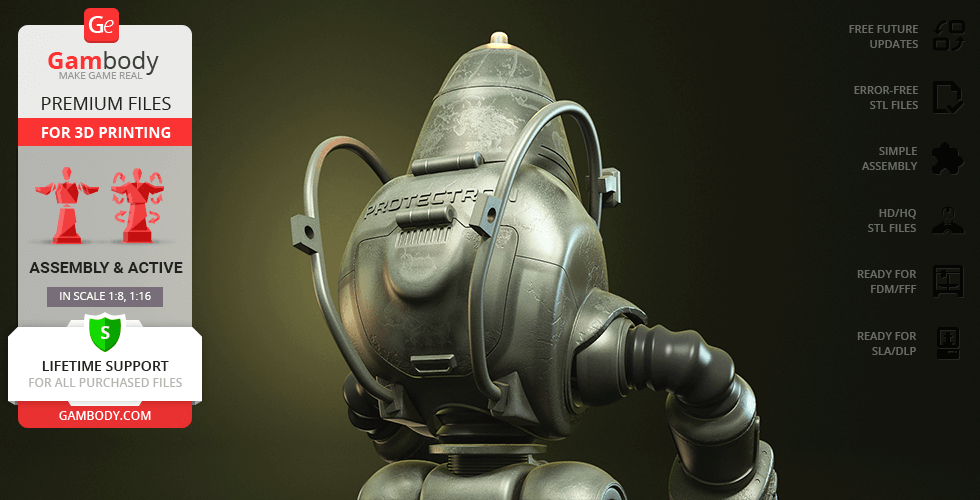 A 3D model of a Protectron robot from Fallout, ready for 3D printing, shown with detailed back view.