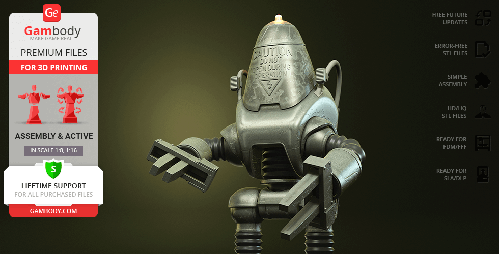 A 3D model of a Fallout Protectron robot with claw-like arms, gray metallic finish, designed for 3D printing.