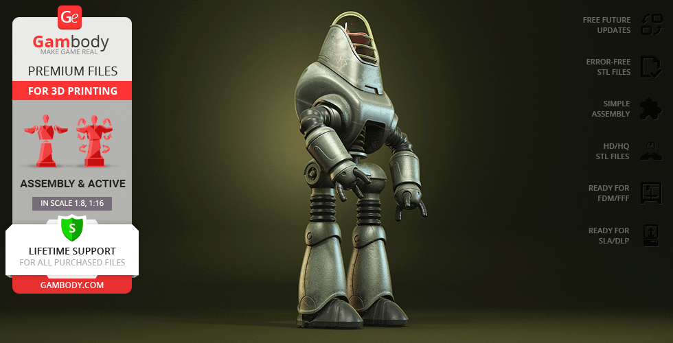 Retro-futuristic robot with cylindrical limbs and a domed head, depicted for 3D printing.