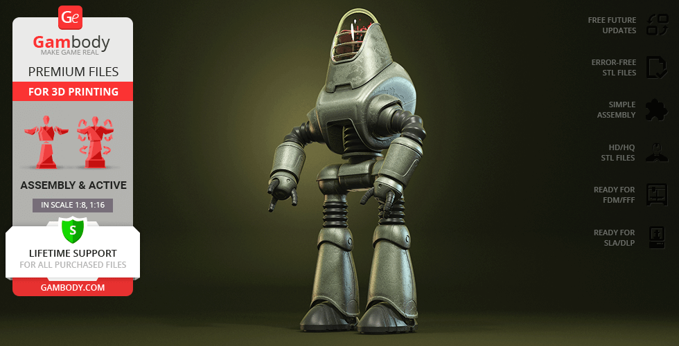 A retro-futuristic robot from Fallout, available as STL files for 3D printing on Gambody.