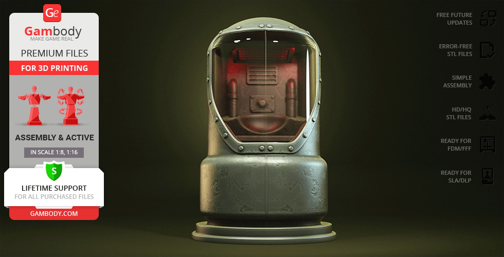 Retro robotic Protectron from Fallout, STL files for 3D printing display on a green background.