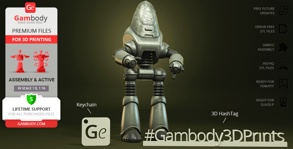 3D model of a Protectron robot from Fallout for printing, shown with Gambody branding and features.