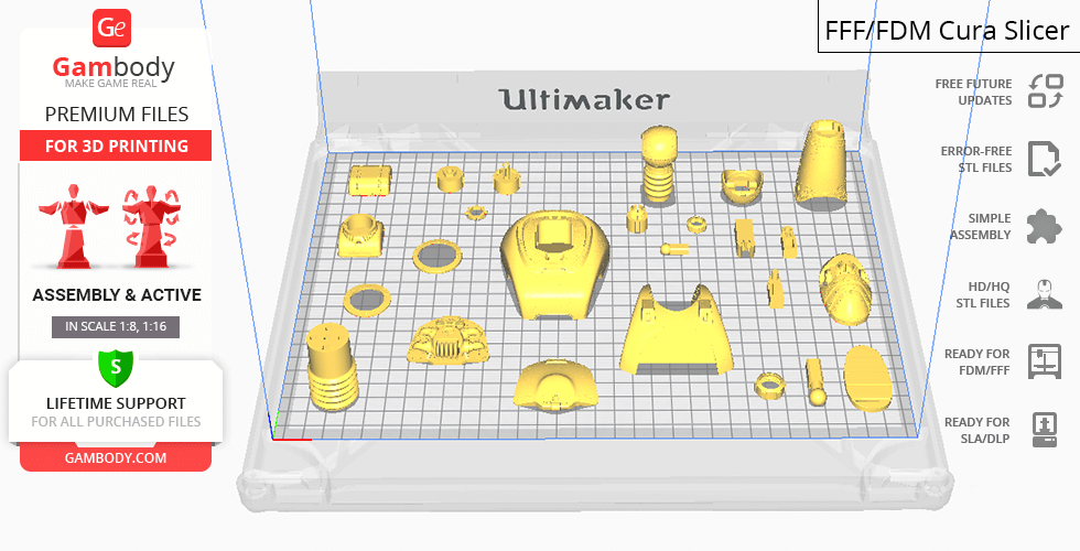 3D printing STL parts for a Fallout Protectron robot, displayed in a Cura slicer preview.