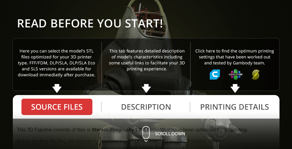 3D printing page for Fallout Protectron with options for source files, descriptions, and printing details.