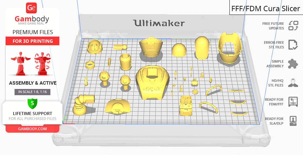 3D printing layout of Fallout Protectron parts on a grid in a slicer software, ready for assembly.