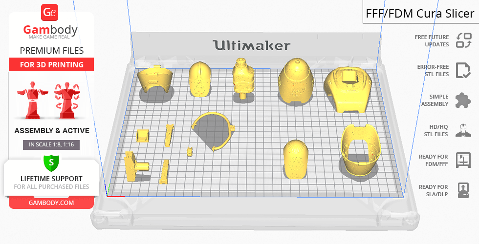 3D model parts of Fallout Protectron arranged on a digital build plate for 3D printing.