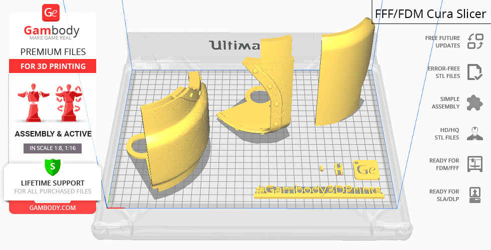 3D printing layout with yellow parts of a Protectron model from Fallout on a virtual print bed.