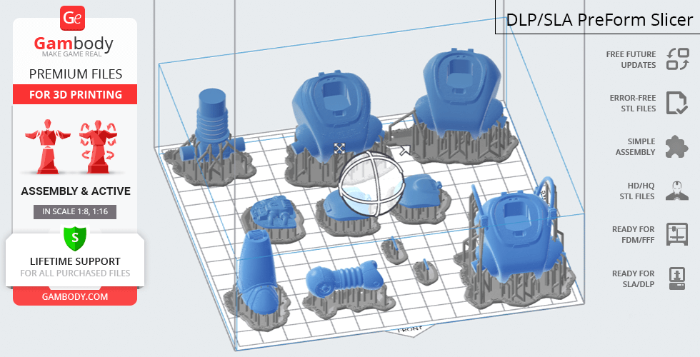 3D model components of a Protectron robot from Fallout, arranged on a printing bed in blue.