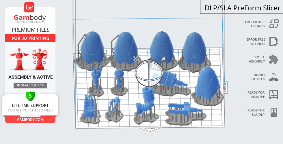 3D model pieces of a Fallout Protectron robot arranged on a printing mat for assembly.
