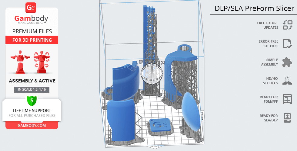 3D printing file parts for Fallout Protectron, displayed in a DLP/SLA PreForm Slicer layout.