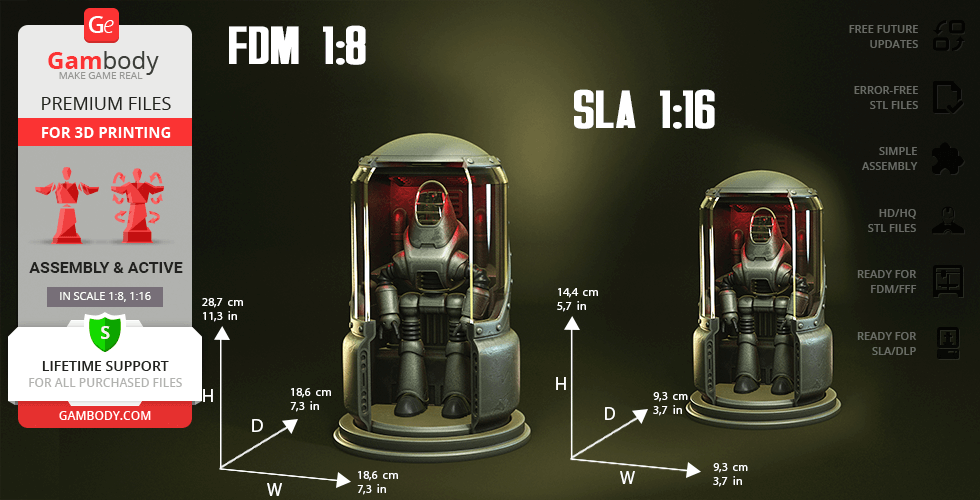 Two Fallout Protectron 3D models in domes, displayed in FDM 1:8 and SLA 1:16 scales with measurements.