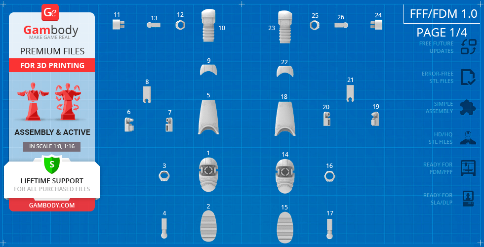 3D printable parts of a Fallout Protectron robot displayed on a blueprint-style background.