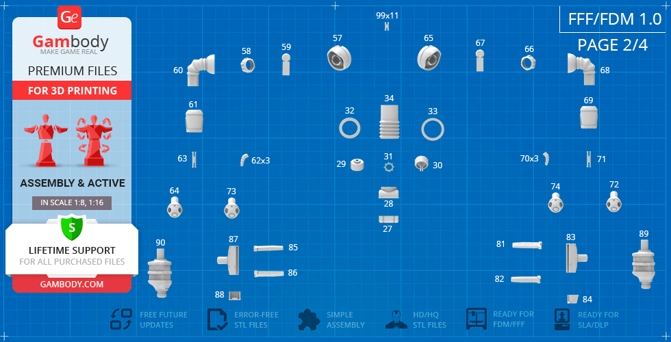Assembly parts layout for a Fallout Protectron 3D model, with numbered components on a blueprint background.