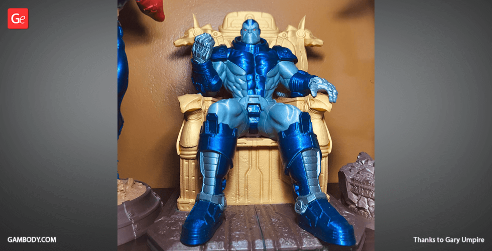 A detailed 3D model of a muscular figure in blue armor seated on a throne, ready for 3D printing.