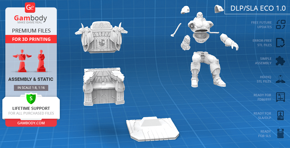 3D model parts of a robotic figure and an ornate throne, designed for assembly and 3D printing.
