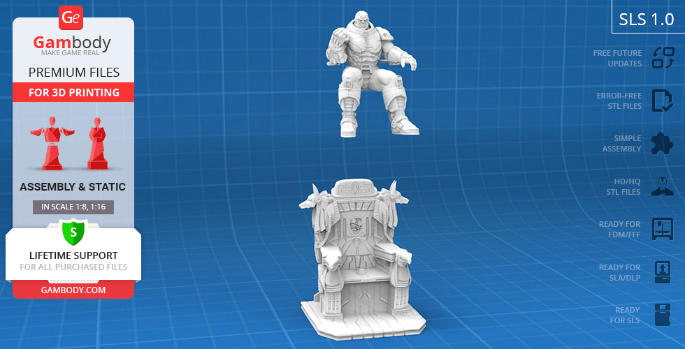 A detailed 3D model of a figure seated on a throne, intended for 3D printing.