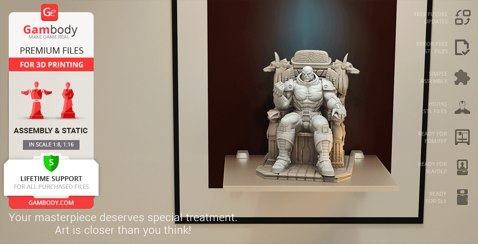 A muscular figure sits on a detailed throne, designed for 3D printing, with futuristic elements.