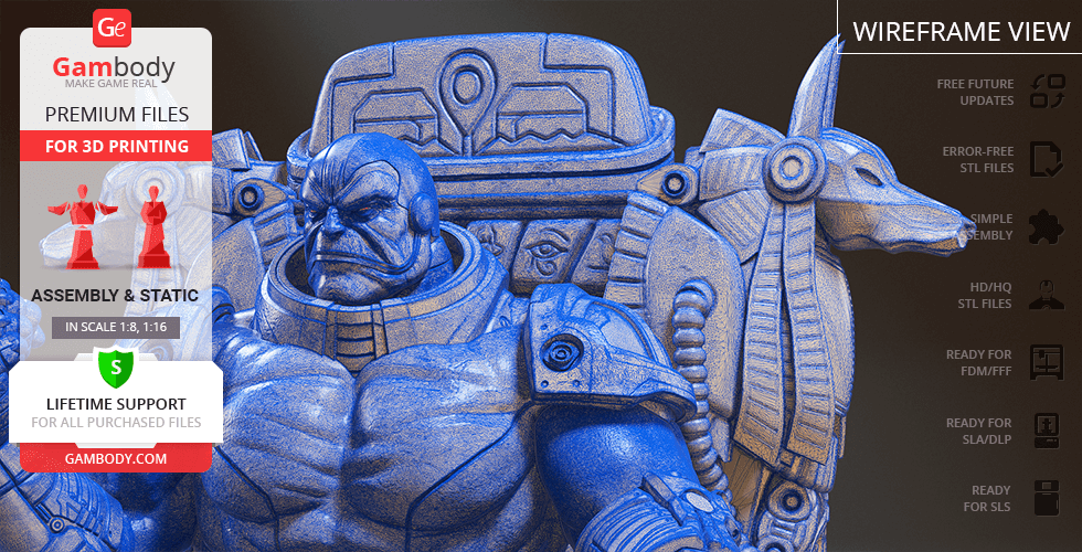 A powerful figure sits on a throne adorned with ancient motifs, showcasing intricate 3D design details.