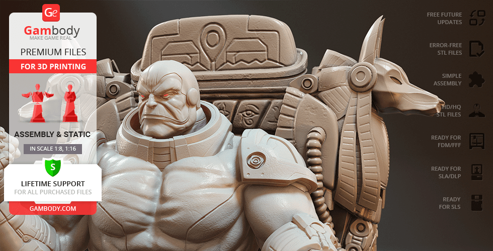 A detailed 3D model of a muscular figure with a stern expression sitting on a throne with an Anubis-like design.