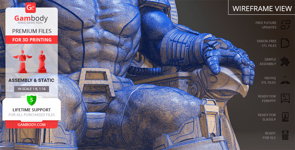 A muscular figure in armor sitting on a throne in a wireframe 3D model view.