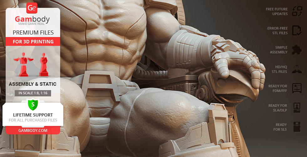 A muscular armored figure sitting on a detailed throne, 3D-printed model from Gambody.