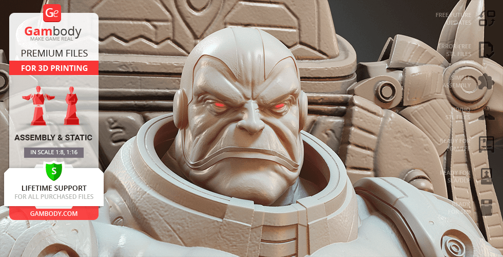 A detailed 3D model of a stern character with futuristic armor, designed for 3D printing.