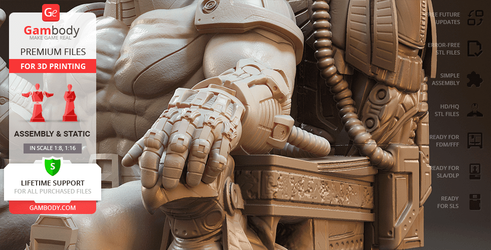 A detailed 3D model of a muscular character with armor, seated on a throne, for 3D printing.