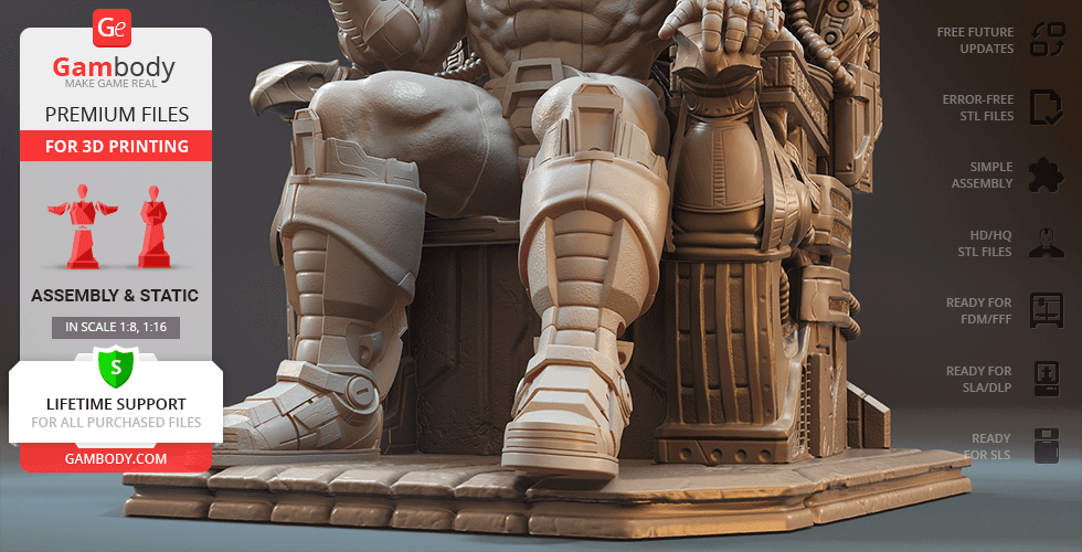 A detailed 3D model of a muscular figure seated on a throne, designed for 3D printing.