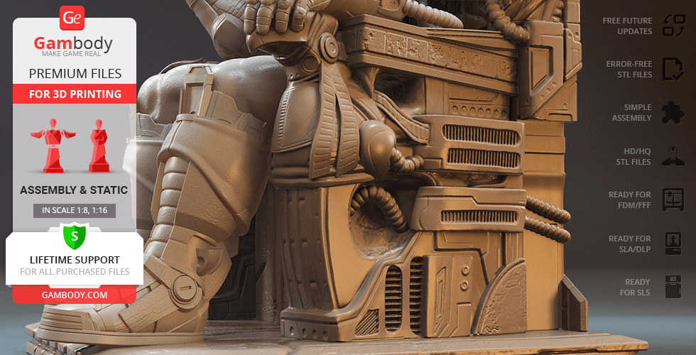 A detailed 3D model of a character sitting on a mechanical throne, featuring intricate armor and technology themes.