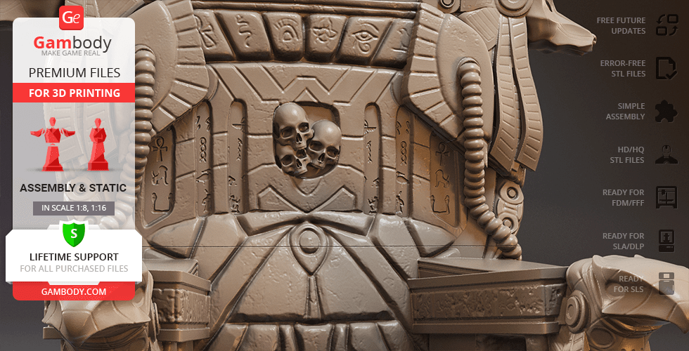 A detailed 3D model of a throne with skulls and ancient carvings, designed for 3D printing.
