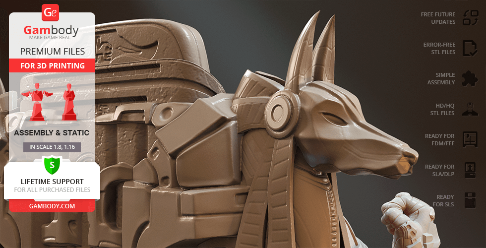 A 3D model of an anthropomorphic figure with an Anubis-like head in armor, seated, with assembly details on the side.