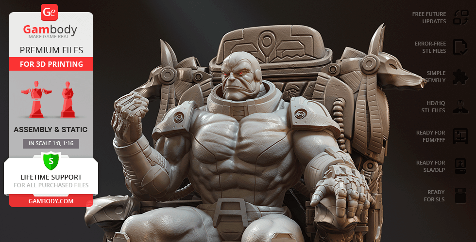A muscular character seated on a detailed throne with an imposing presence, ready for 3D printing.