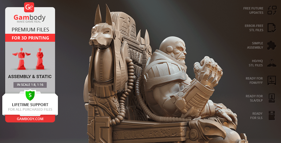 A detailed 3D model of a muscular figure seated on an ornate throne, featuring intricate armor details.