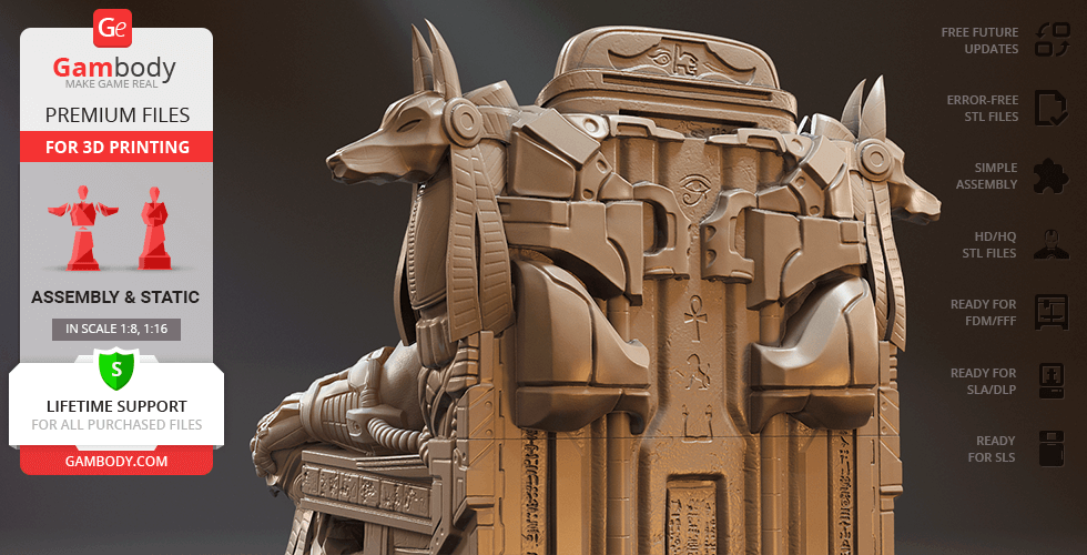 A detailed 3D model of a throne featuring large, ornate Anubis-like figures on the sides for printing.