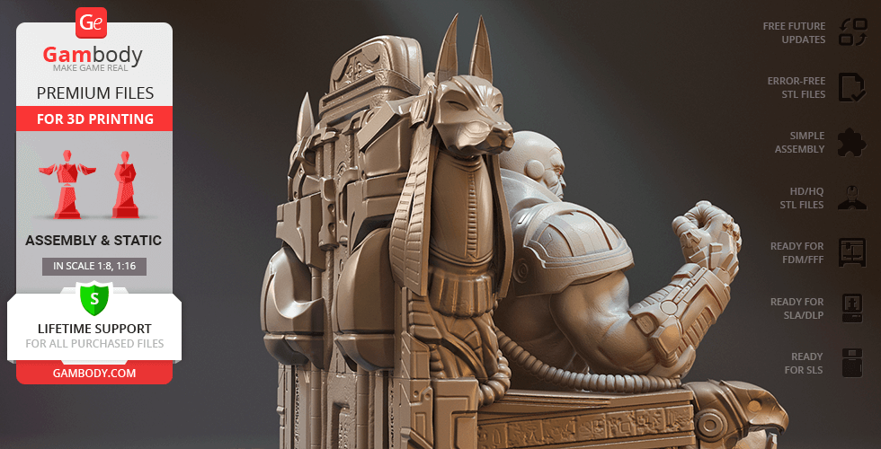 A muscular figure seated on an ornate throne with Egyptian-themed details and armor.