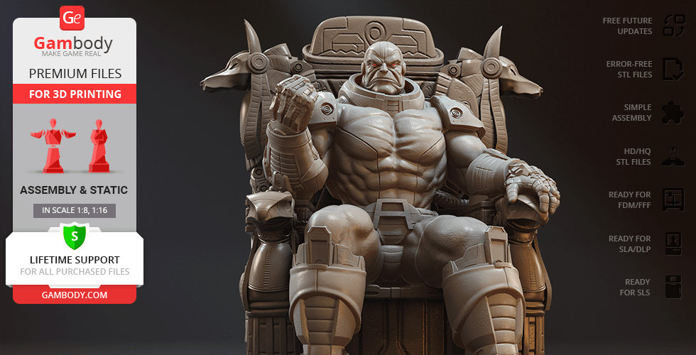 Powerful armored figure seated on a throne, displaying a confident and imposing presence.