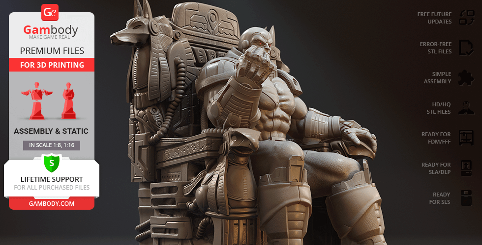 A muscular figure in detailed armor sits on an ornate throne with Egyptian motifs.