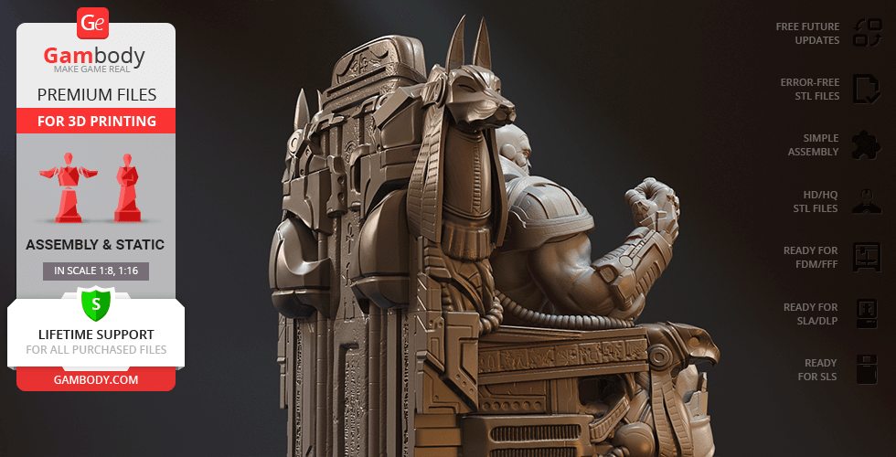A detailed 3D model of a muscular figure seated on an ornate, Egyptian-inspired throne.