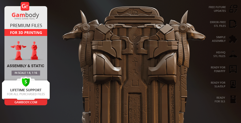 A detailed 3D model of a throne with ancient, ornate designs for 3D printing, featured on Gambody.