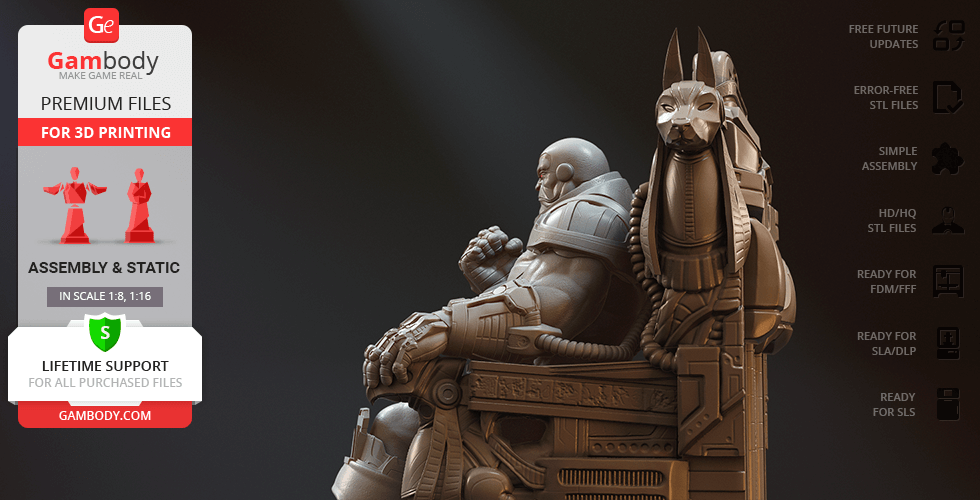 A muscular figure sits on a detailed throne adorned with a large animal head sculpture.