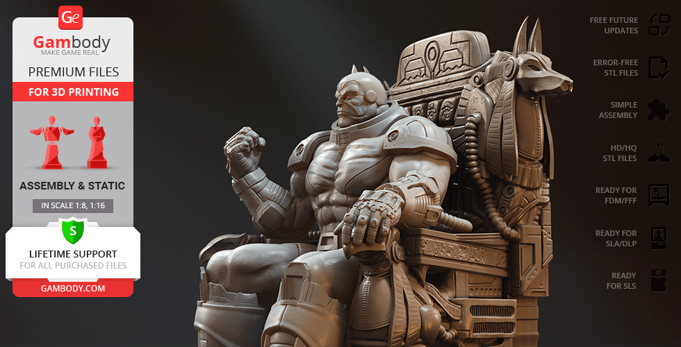 A muscular figure sits on an ornate throne with an animal head design, ready for 3D printing.