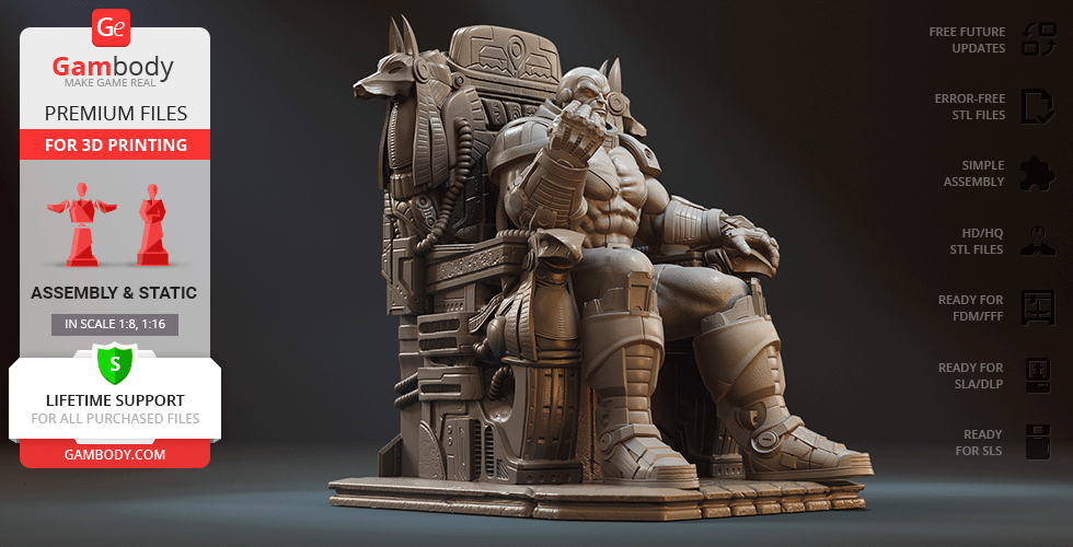 A muscular armored figure sits on a detailed throne, designed for 3D printing.