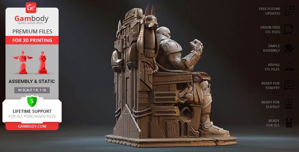 A muscular figure sits on a detailed, futuristic throne with intricate mechanical designs.