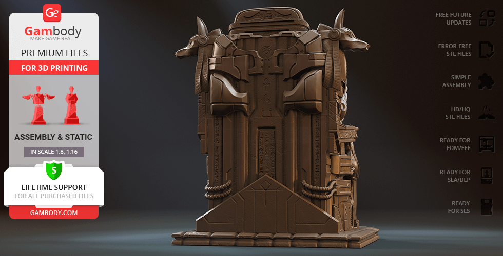 Intricate throne with Egyptian-inspired design elements, featuring Anubis-like figures on the sides.