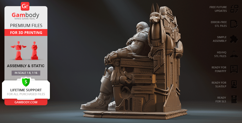 A detailed 3D model of a muscular figure sitting on an ornate throne, designed for 3D printing.