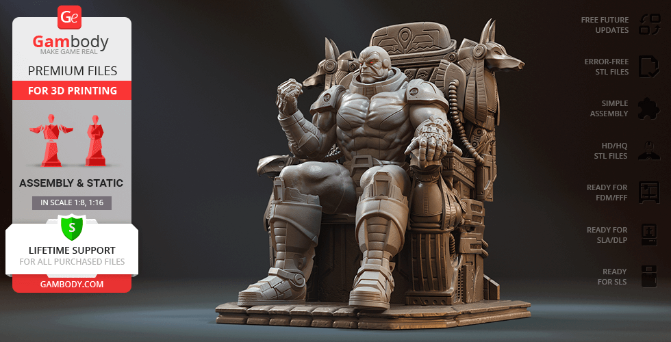 A powerful armored figure seated on a mechanical throne with detailed design elements.