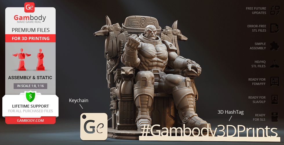 A powerful armored figure sits on a detailed throne, showcasing a 3D printable model design.