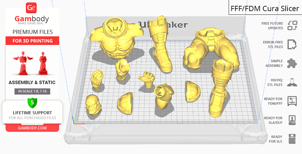Yellow 3D printable parts of a character on a virtual build plate for 3D printing.